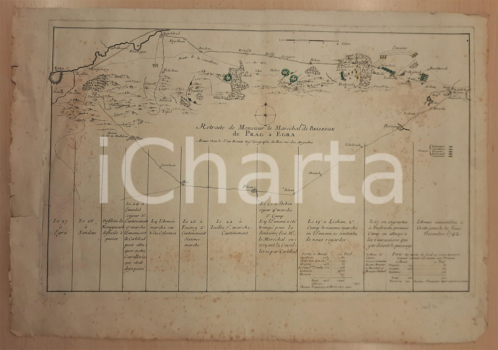 Stampa, bozzetto originale 1745 ca G. L. LE ROUGE Retraite de BELLEISLE de PRAG Ã  EGRA ANTIQUE MAP 1