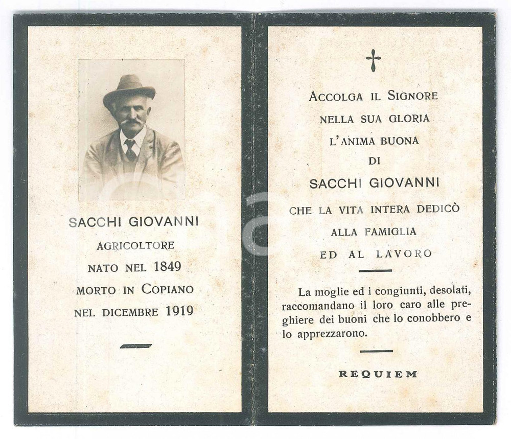 Oggetto da collezione cartaceo 1919 COPIANO In memoria di Giovanni SACCHI Agricoltore  Santino ILLUSTRATO 1