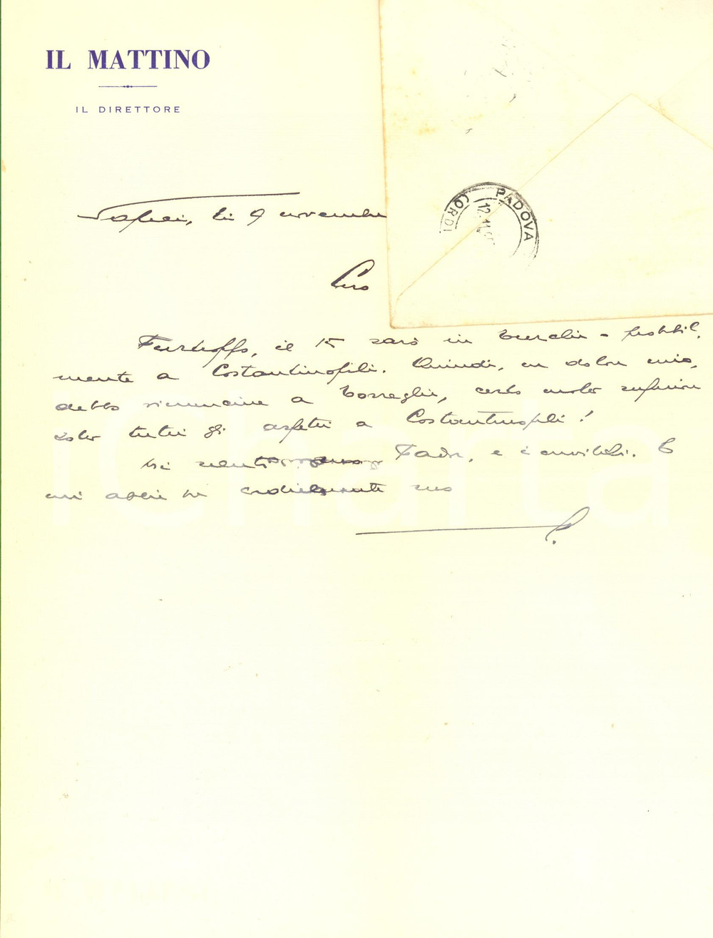 Autografo originale 1957 NAPOLI IL MATTINO Giovanni ANSALDO in partenza per Istanbul AUTOGRAFO 1