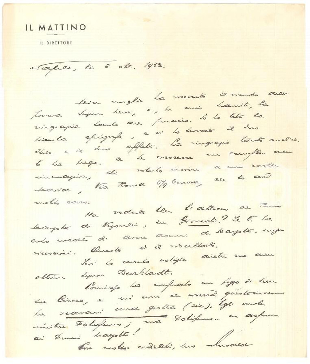 1953 NAPOLI IL MATTINO Direttore Giovanni ANSALDO - Lettera *AUTOGRAFO