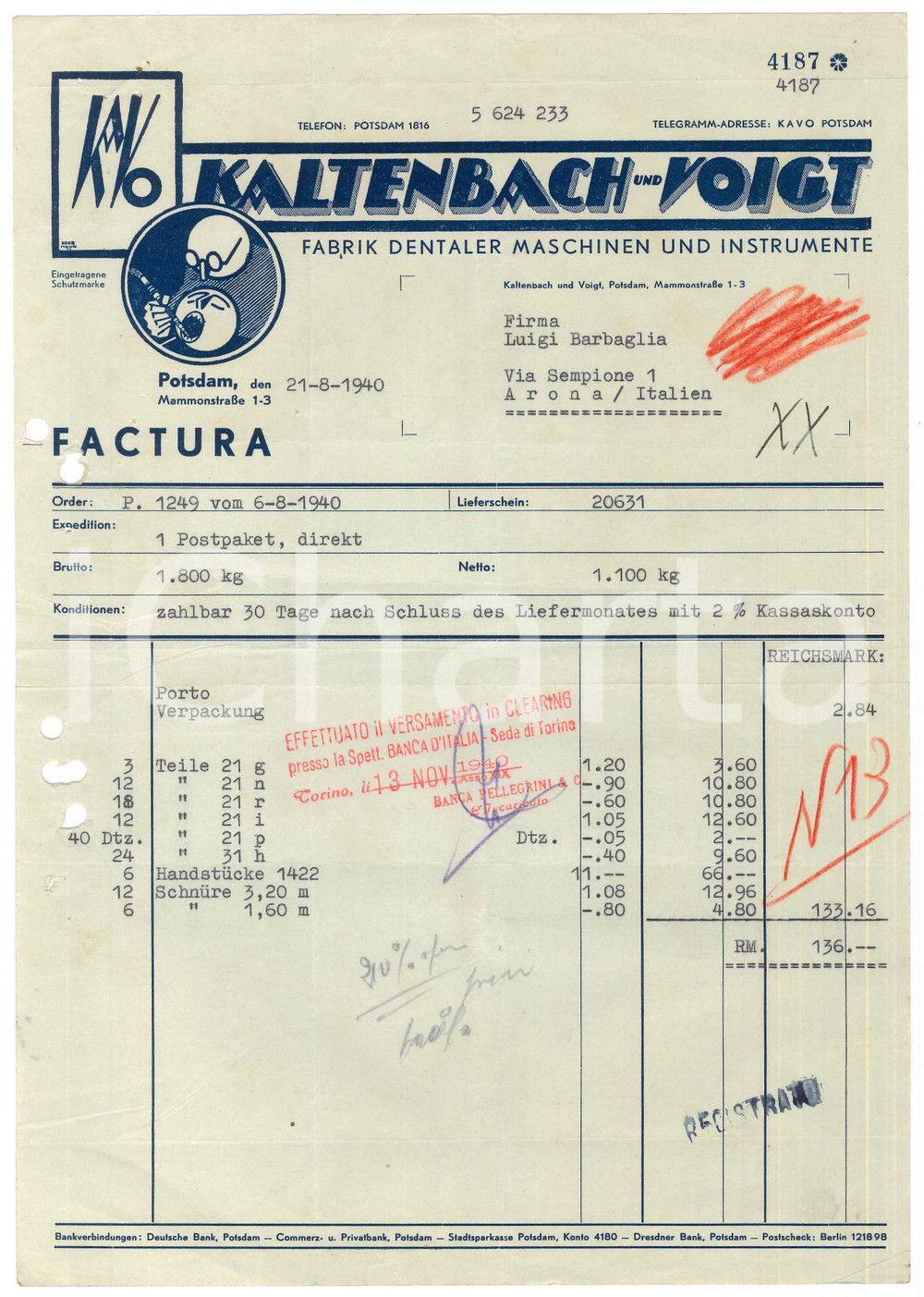 Documento originale, autentico 1940 POTSDAM D  KALTENBACH und VOIGT Fabrik Dentaler Maschinen Fattura 1
