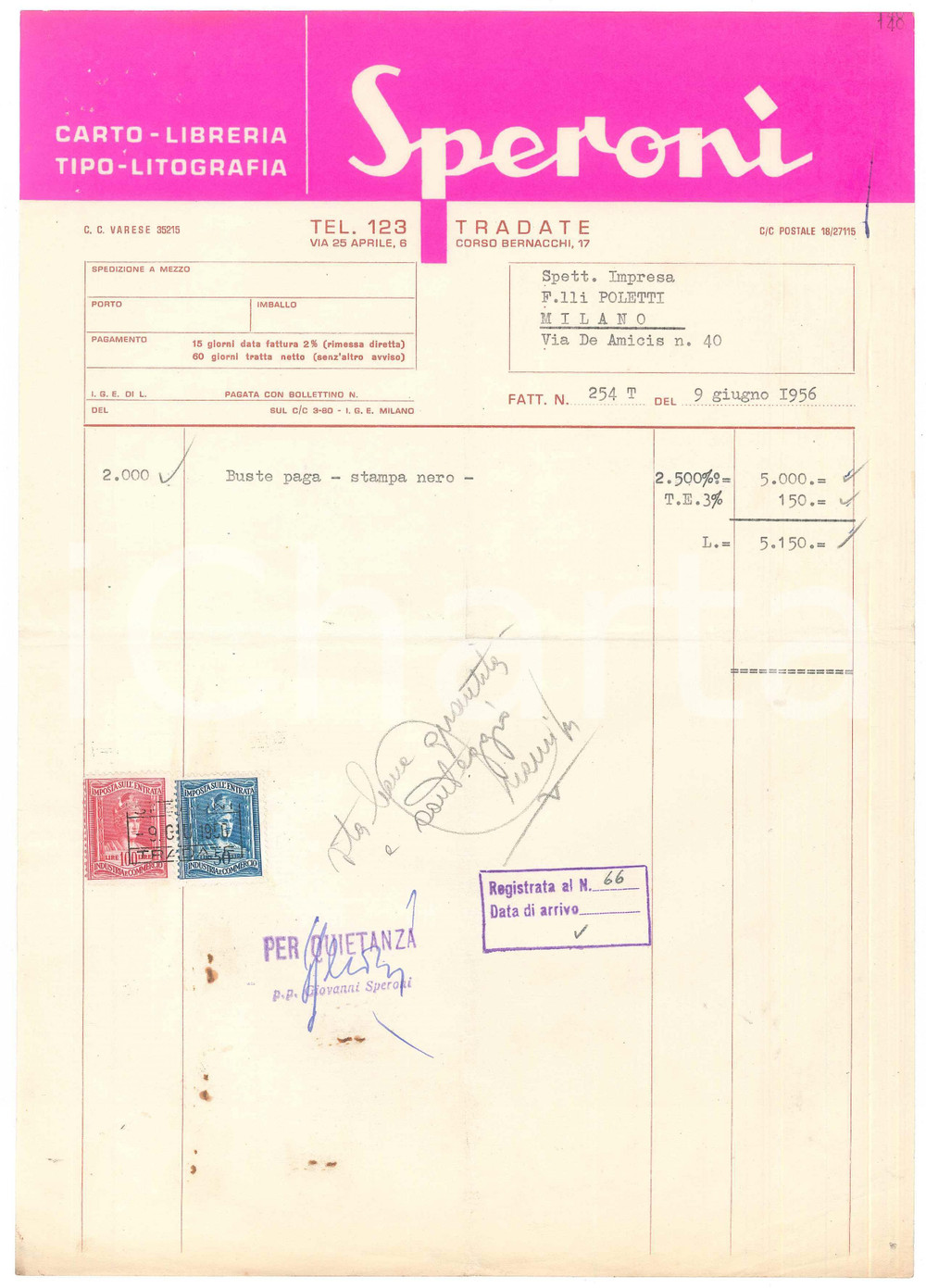 Documento originale, autentico 1956 TRADATE VA Cartolibreria tipolitografia SPERONI  Fattura intestata 1