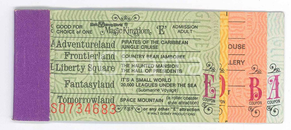 Oggetto da collezione cartaceo 1975 ca WALT DISNEY WORLD  16 andventures in THE MAGIC KINGDOM Book of tickets 1