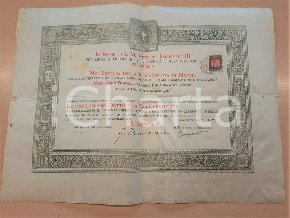 Documento originale, autentico 1931 R. UniversitÃ  di NAPOLI  Laurea in Giurisprudenza Francesco NAPOLITANO 1