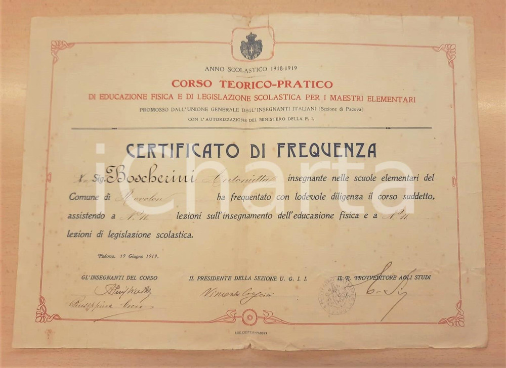 1919 ROVOLON (PD) Certificato Antonietta BOSCHERINI Corso educazione fisica Certificato originale d'epoca.  POOR/danneggiato piegature d'epoca; piccoli strappi marginali; danni da umiditÃ  FORMATO: 40x29 cm originale e autentica 1