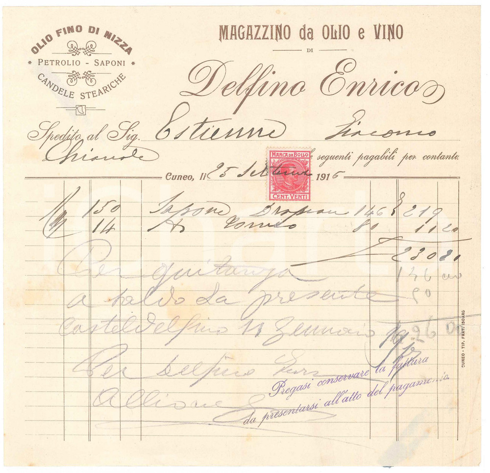 Documento originale, autentico 1916 CUNEO  DELFINO Enrico  Magazzino olio e vino  Fattura intestata 1