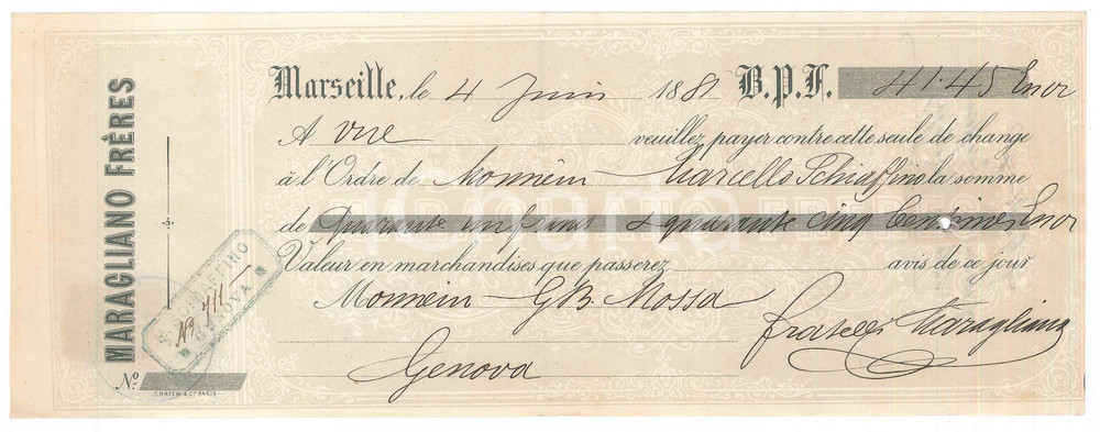 Oggetto da collezione cartaceo 1881 MARSEILLE FRANCE  Ditta MARAGLIANO FrÃ¨res  Cambiale pubblicitaria 1