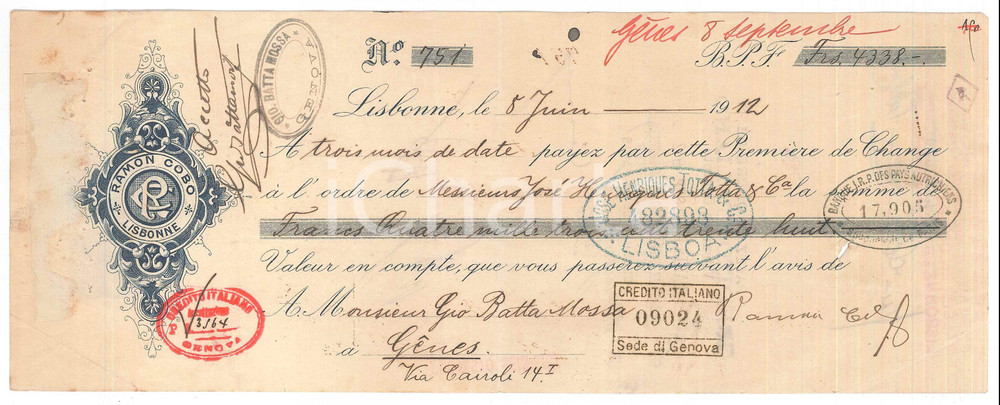Oggetto da collezione cartaceo 1912 LISBONA PORTUGAL  Ditta Ramon COBO  Cambiale pubblicitaria 1