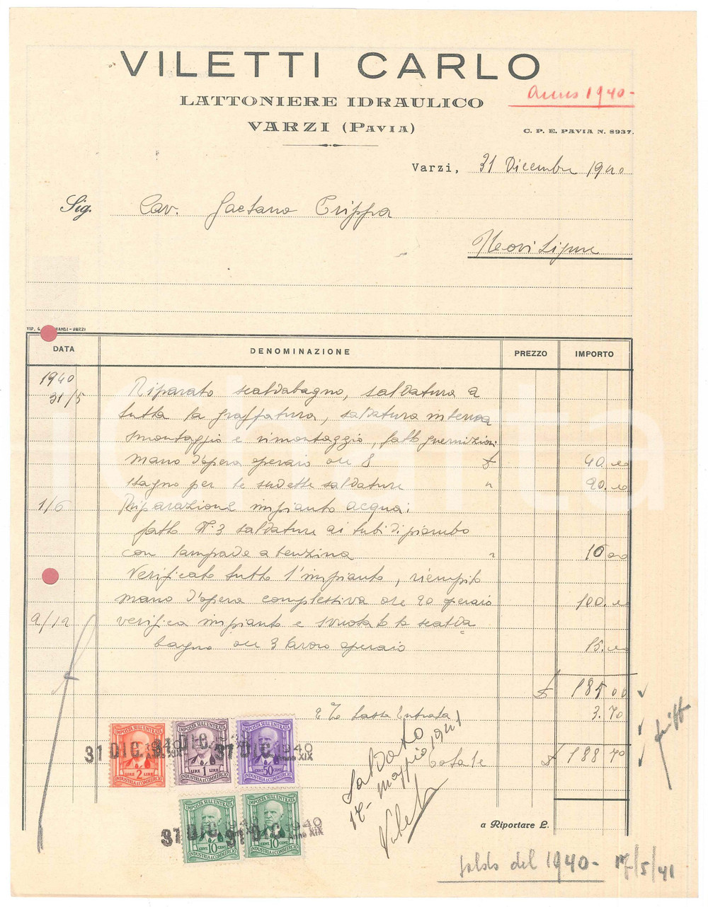 1940 VARZI (PV) Carlo VILETTI Lattoniere idraulico *Fattura intestata Fattura originale d'epoca, su carta intestata.PAGINE: 1 POOR/danneggiato piegature d'epoca; fori da classificatore  originale e autentica 1