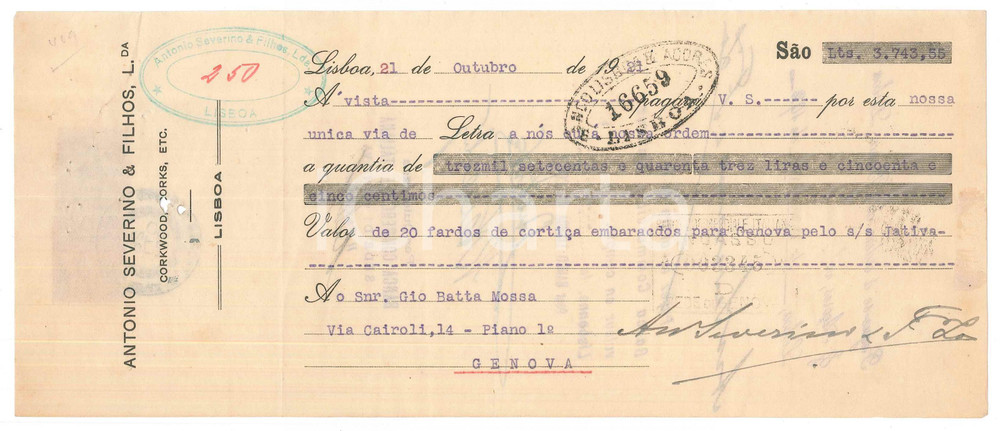 Oggetto da collezione cartaceo 1921 LISBONA PORTUGAL  Ditta Antonio SVERINO & Filhos Cambiale pubblicitaria 1