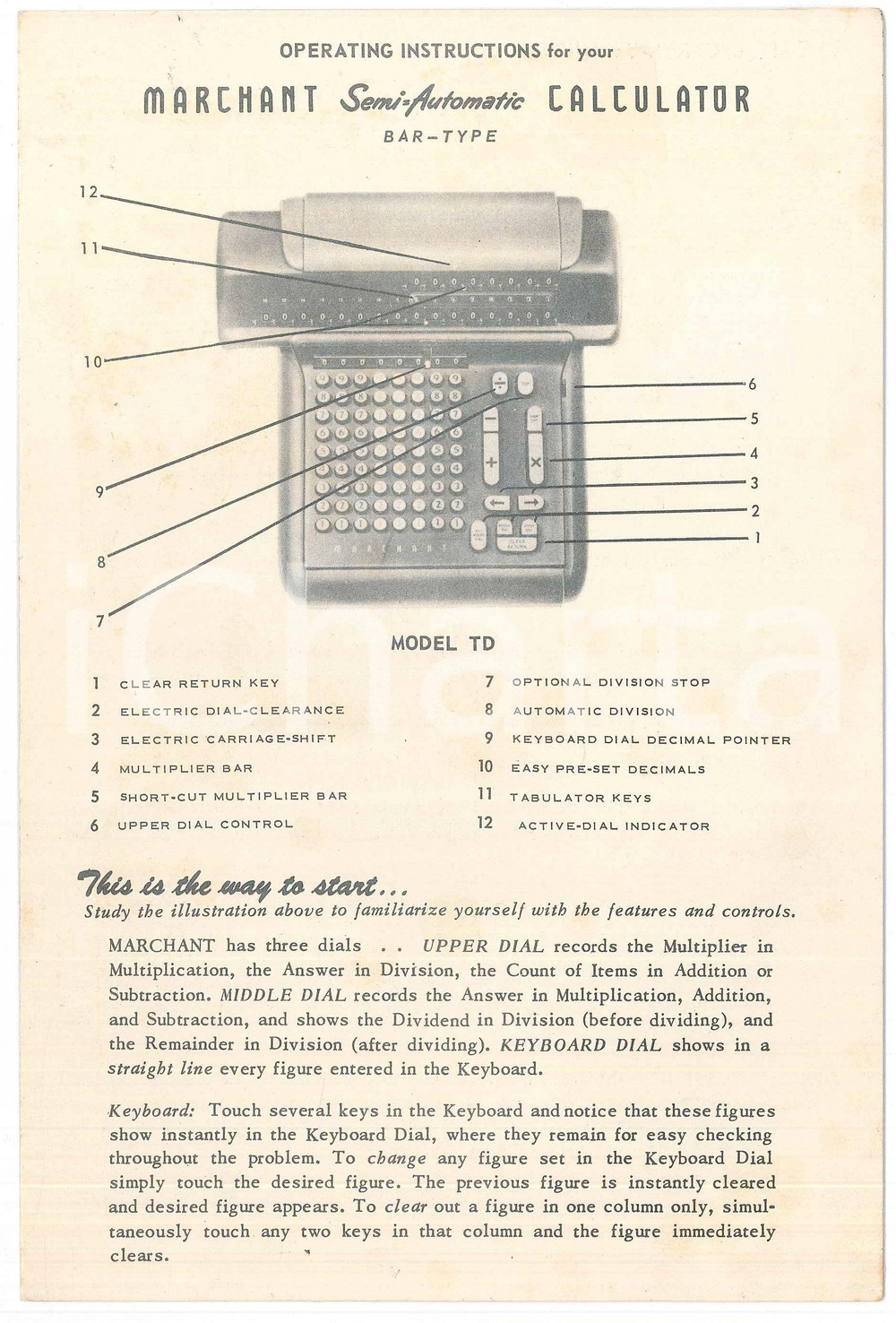 Materiale pubblicitario d’epoca 1950 ca MARCHANT Semiautomatic calculator MODEL TD Operating instructions 1
