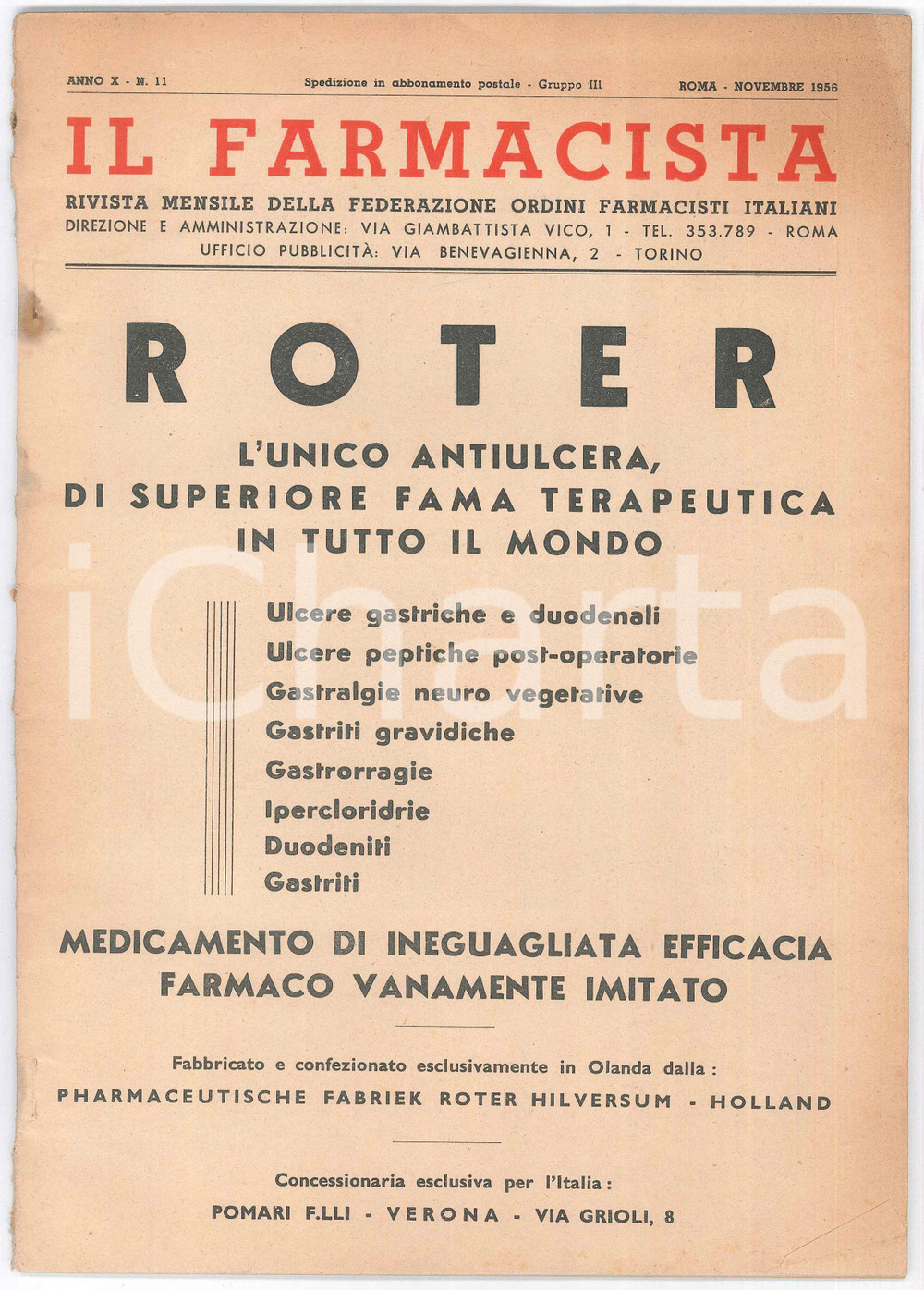 Giornale, rivista storica 1956 IL FARMACISTA Anno X n. 11  ROTER Farmaco antiulcera  Rivista mensile 1