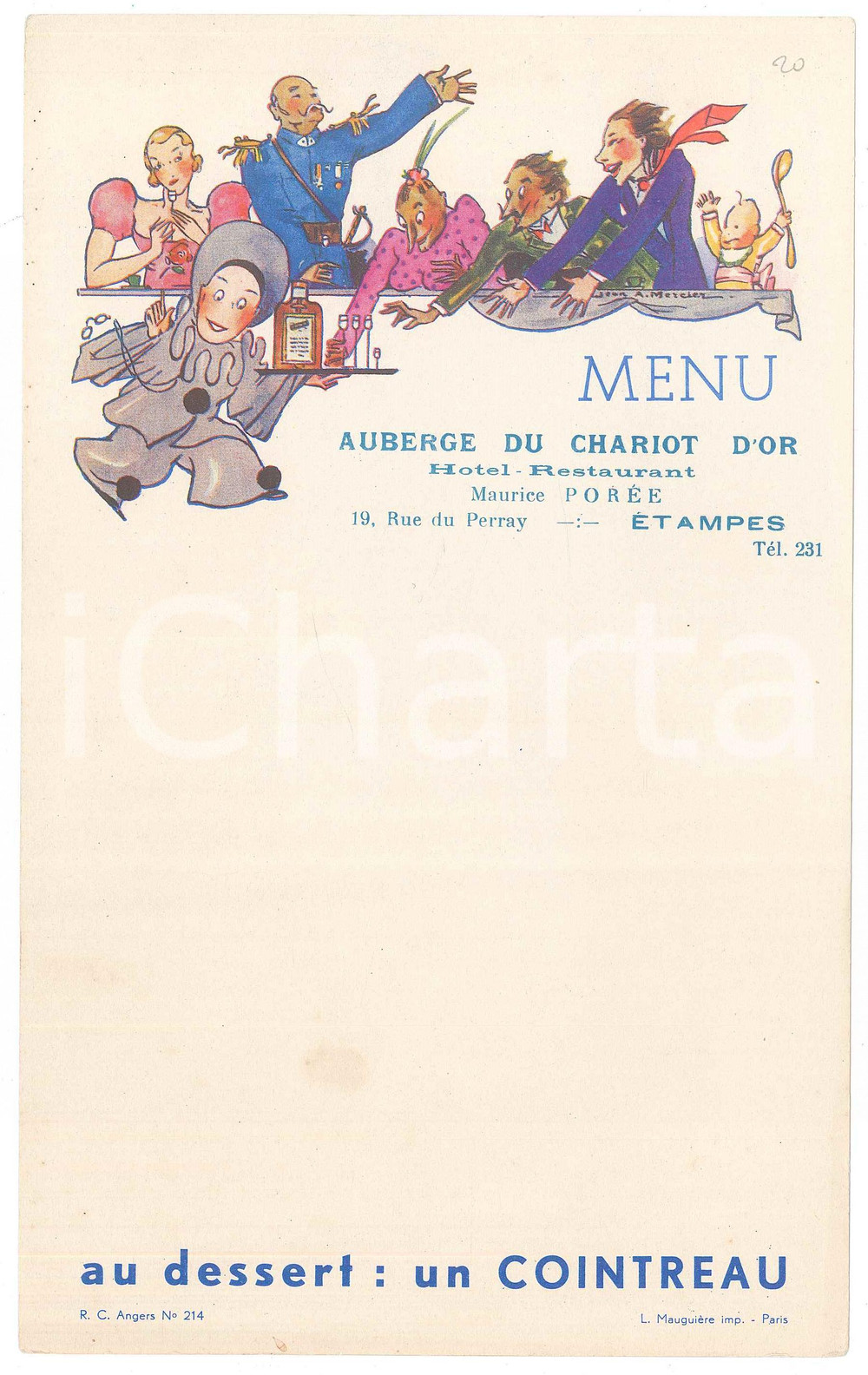 Oggetto da collezione cartaceo 1915 ca ETAMPES F Auberge CHARIOT D OR  MenÃ¹ pubblicitario COINTREAU 1