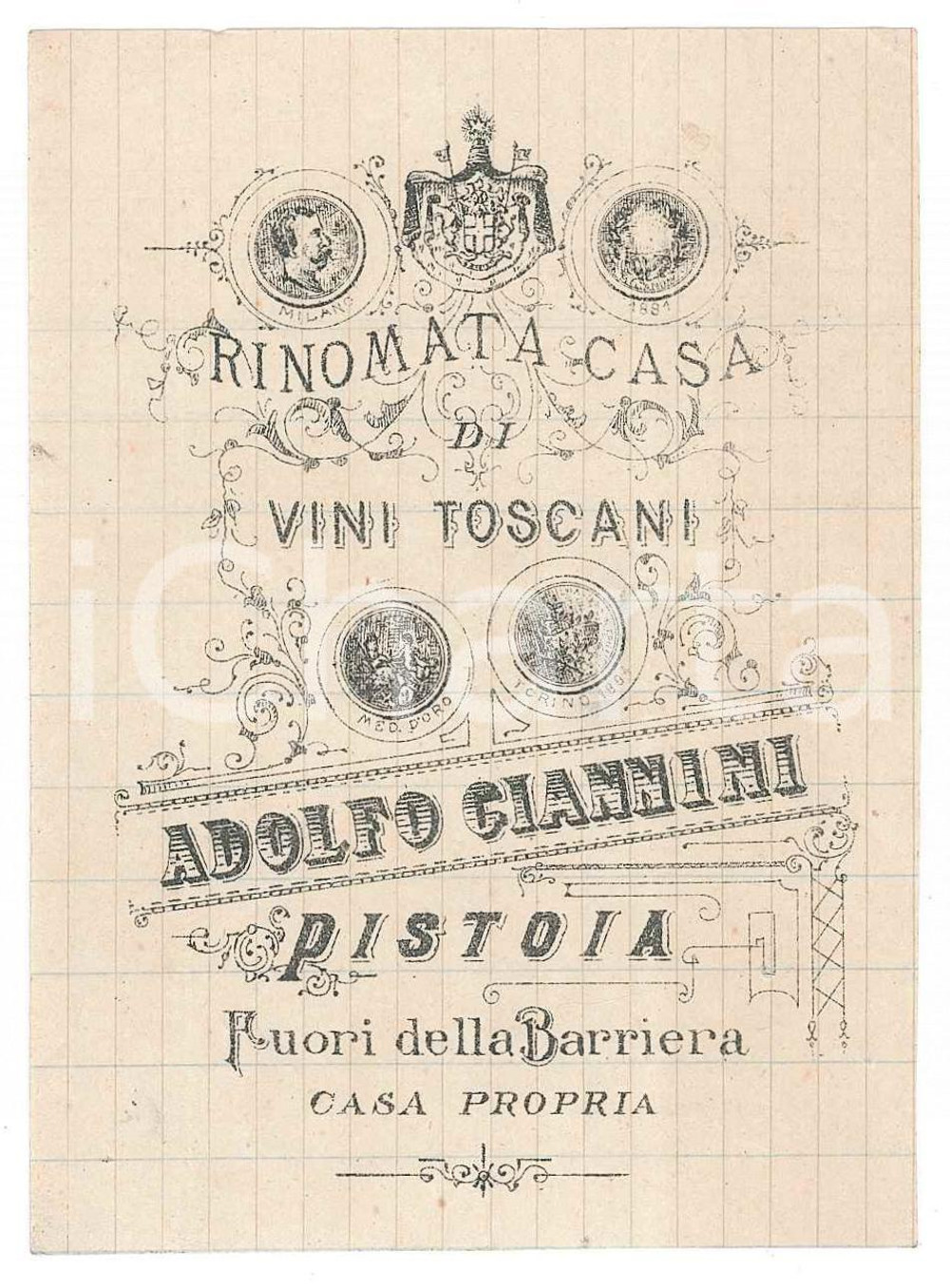 1890 ca PISTOIA  - Adolfo GIANNINI Rinomata casa di vini toscani - Biglietto Biglietto pubblicitario, originale d'epoca, su carta sottile. GOOD/buono  Formato: 7x10 cm originale e autentica 1