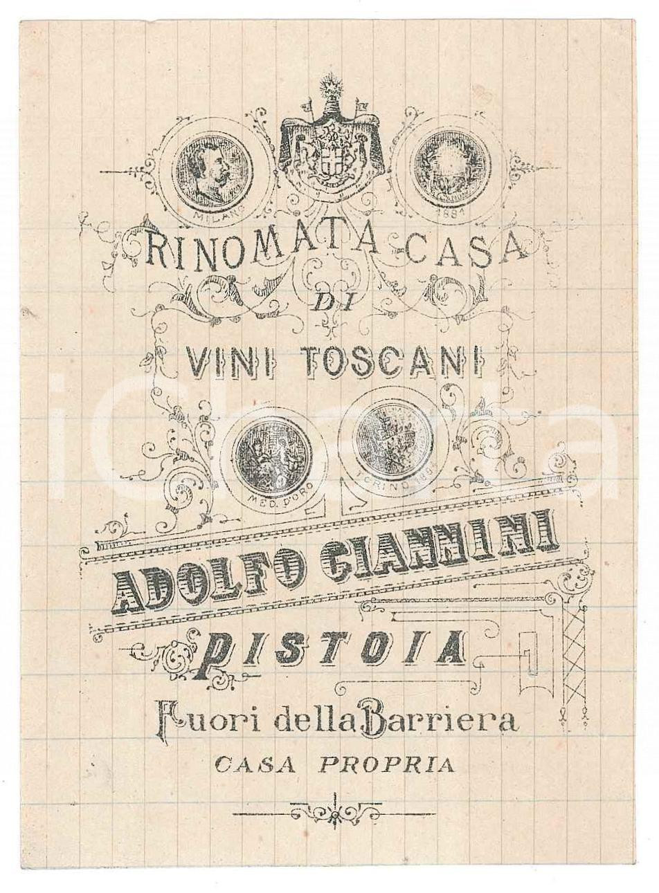 Materiale pubblicitario d’epoca 1890 ca PISTOIA   Adolfo GIANNINI Rinomata casa di vini toscani  Biglietto 1