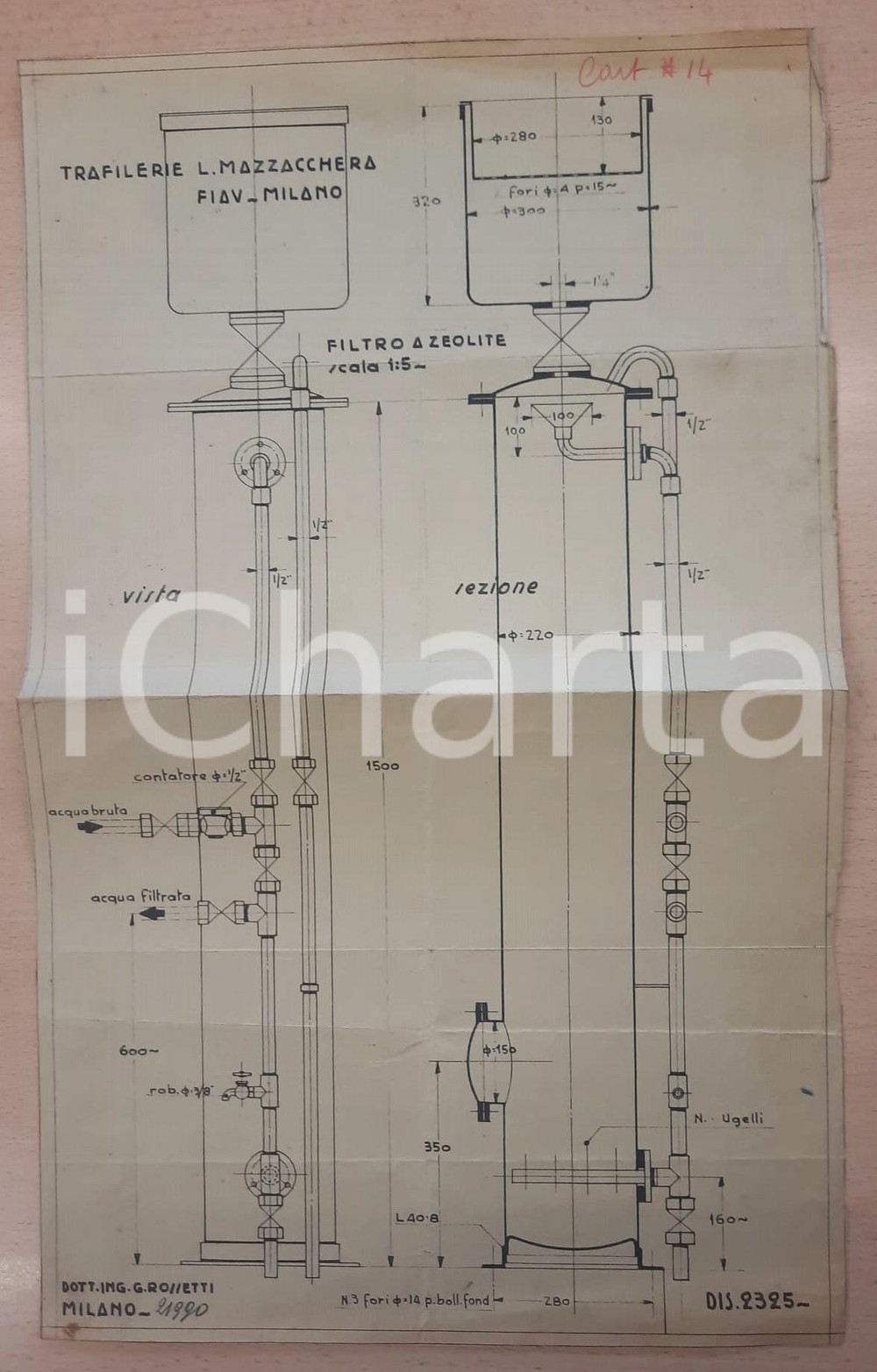 Mappa, planimetria storica 1940 ca MILANO Ing. G. ROSSETTI  Trafilerie FIAV  Filtro a zeolite  Tavola 1