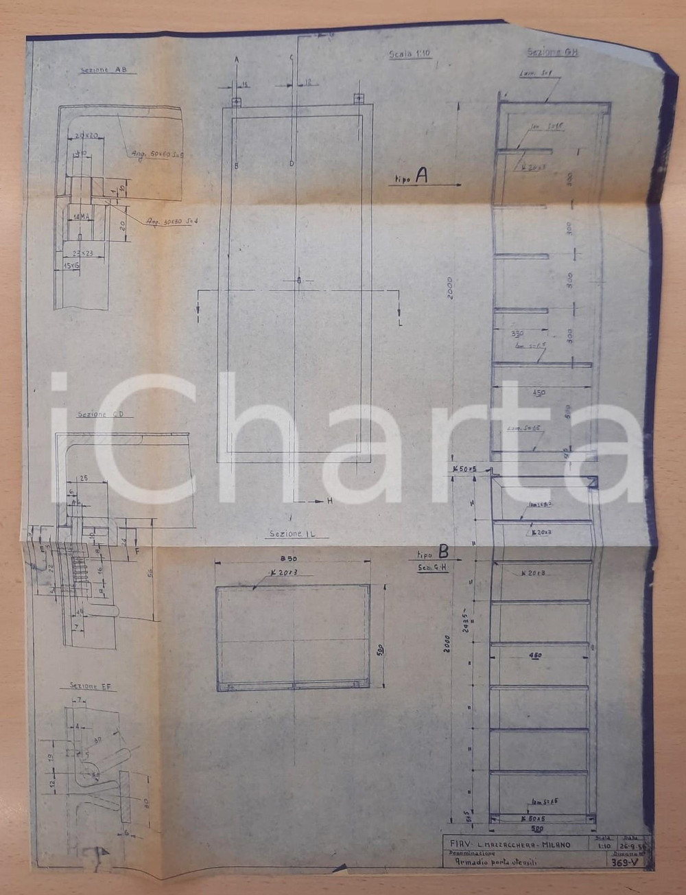 Mappa, planimetria storica 1956 MILANO  FIAV di L. MAZZACCHERA  Armadio porta utensili  Disegno 36x48 cm 1