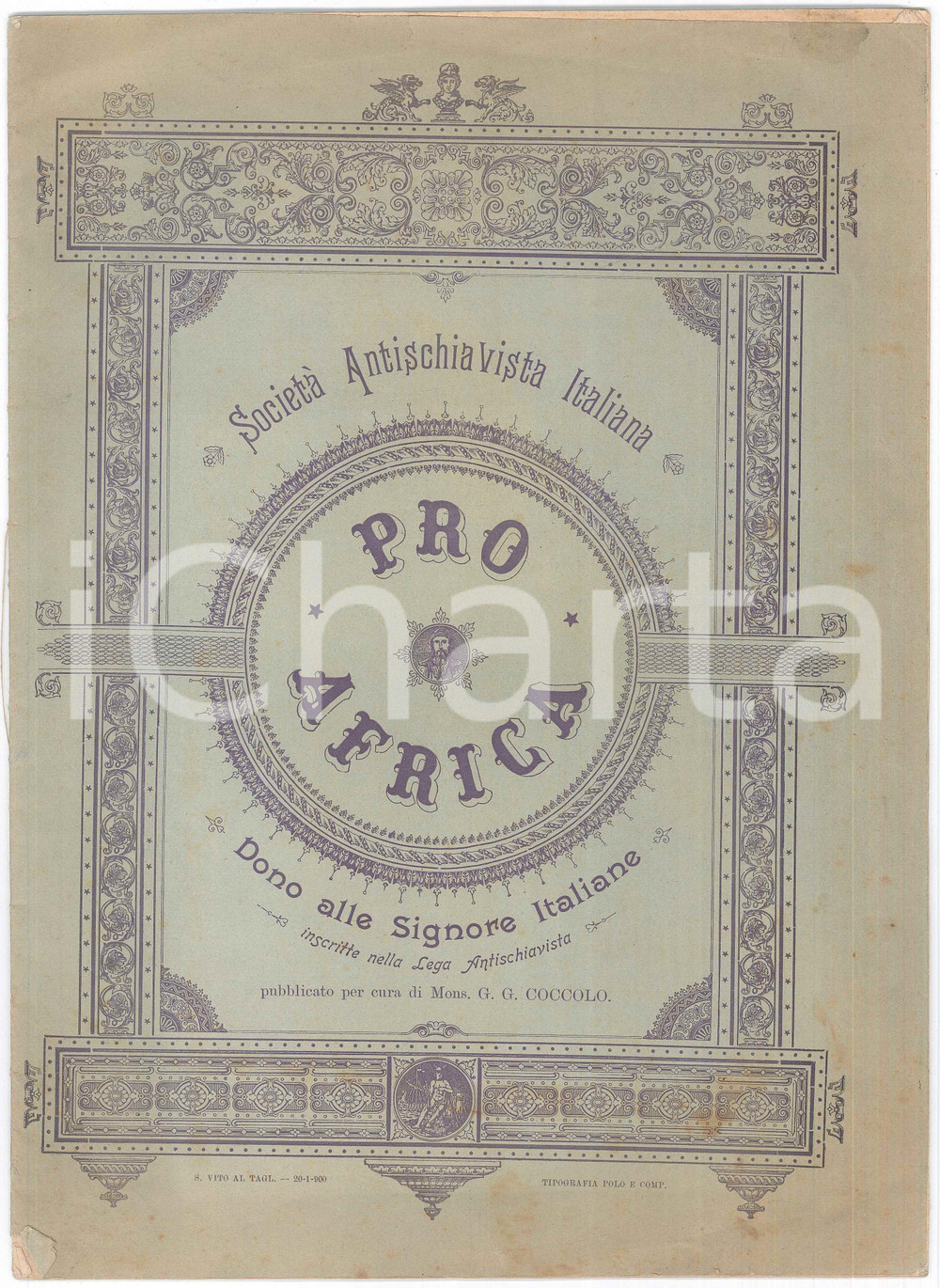 1900 SocietÃ  Antischiavista Italiana - Mons. G. G. COCCOLO - Pro Africa *20 pp. Pubblicazione a stampa, originale d'epoca, illustrata b/n.Destinata "alle Signore Italiane inscritte nella Lega Antischiavista".PAGINE: 20 POOR/danneggiato buone condizioni interne, ma piccoli strappi e piegature alla copertina in carta, con alcune macchie Formato: 24x33 cm originale e autentica 1