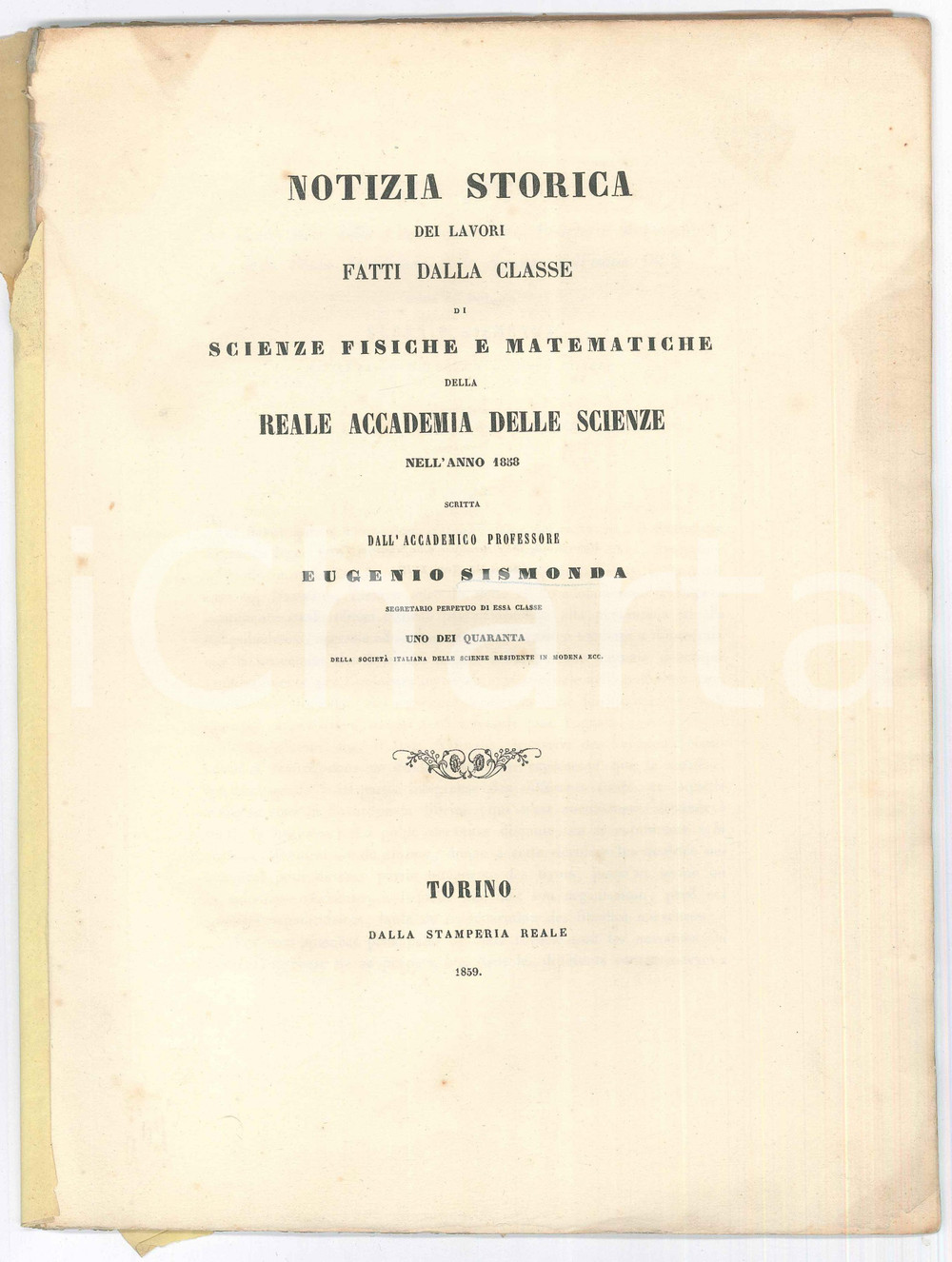 Libro, pubblicazione d epoca 1859 TORINO Eugenio SISMONDA  Lavori Reale Accademia delle Scienze 27 pp. 1