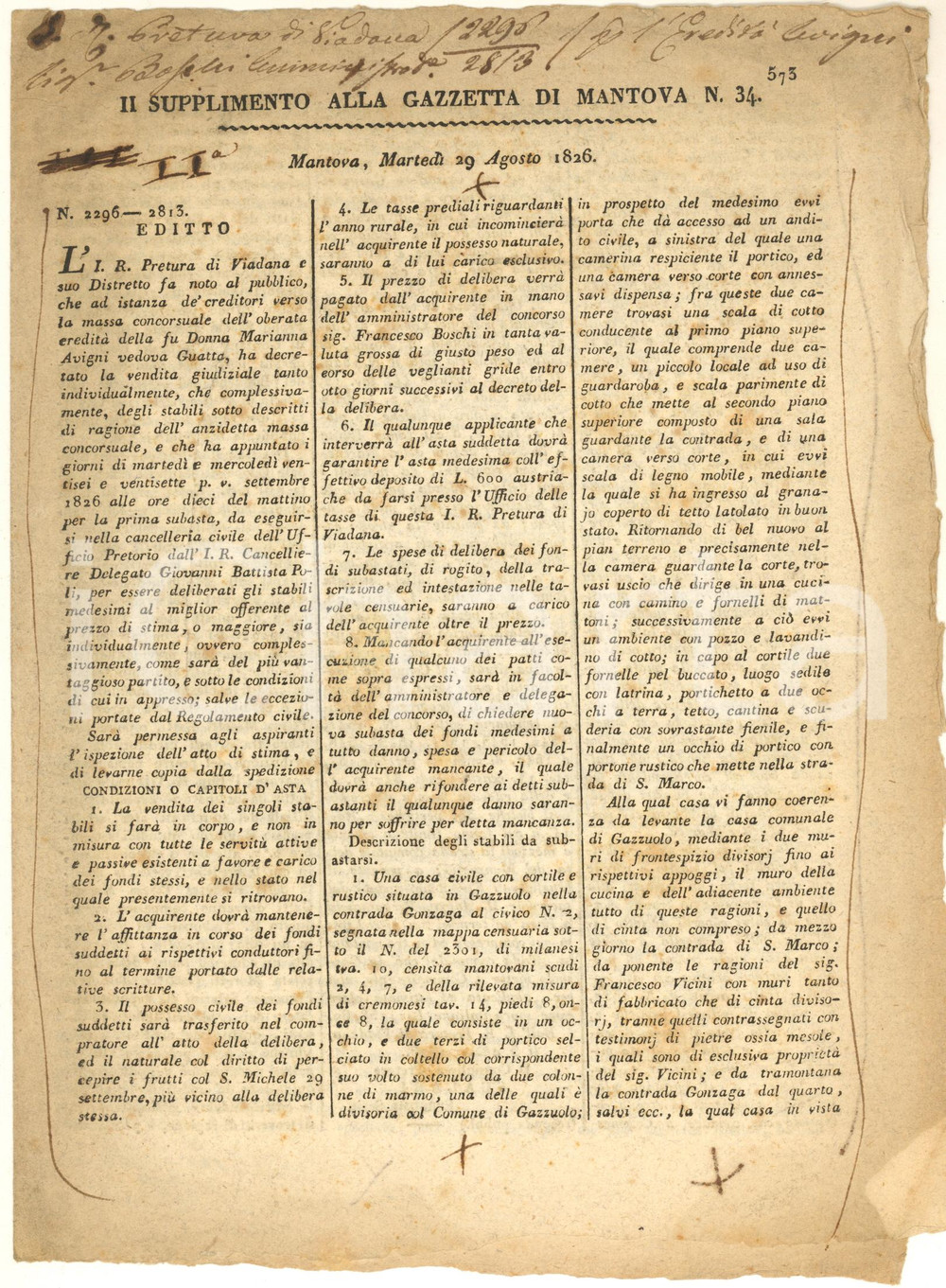 Documento originale, autentico 1826 Supplemento GAZZETTA DI MANTOVA Asta beni Marianna AVIGNI vedova GUATTA 1