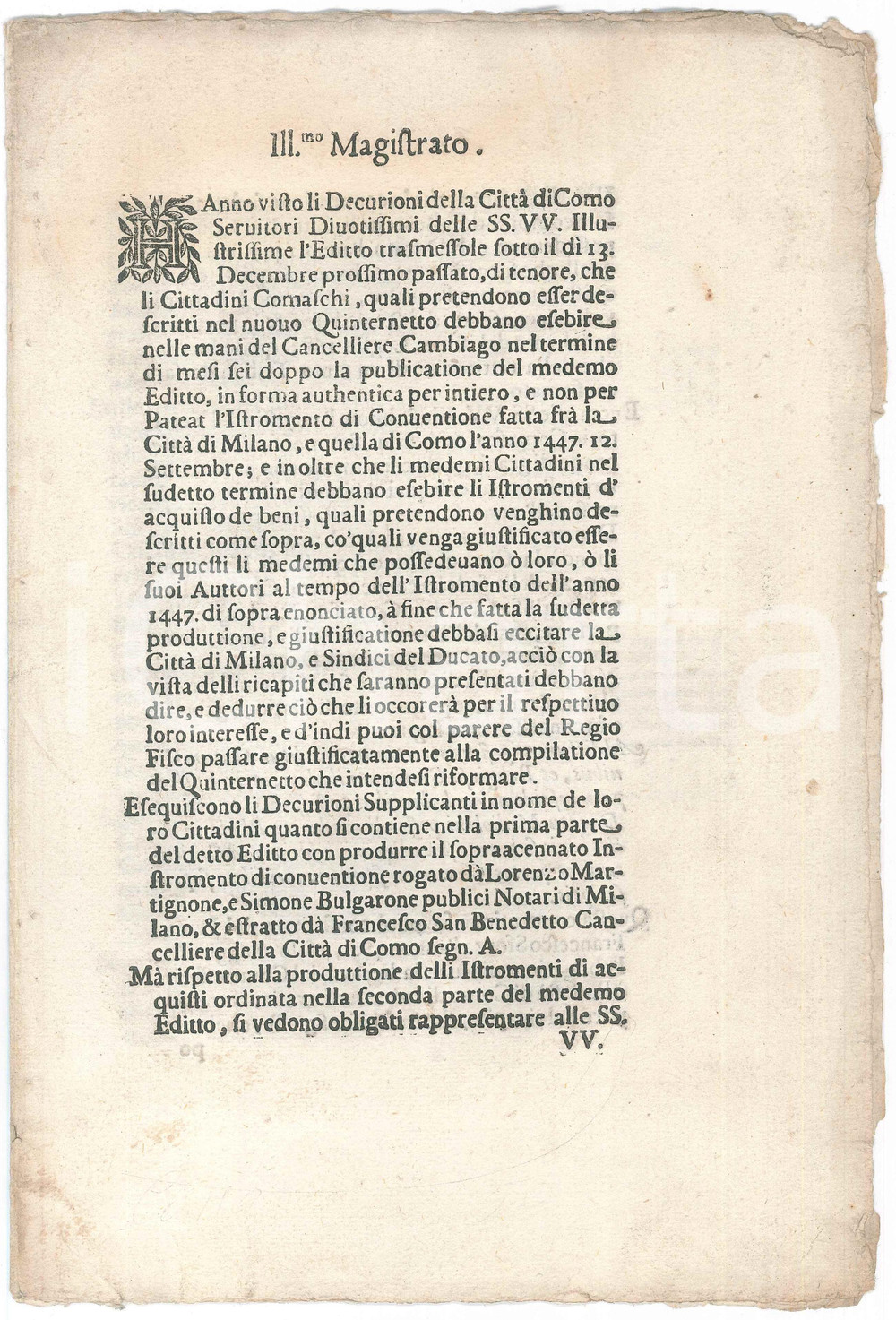 Documento originale, autentico 1700 ca COMO Supplica Decurioni per privilegio di condurre i grani in cittÃ  1