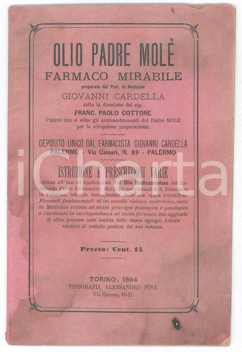 Materiale pubblicitario d’epoca 1894 TORINO FARMACEUTICA Olio PADE MOLE   Istruzioni e prescrizioni varie 1