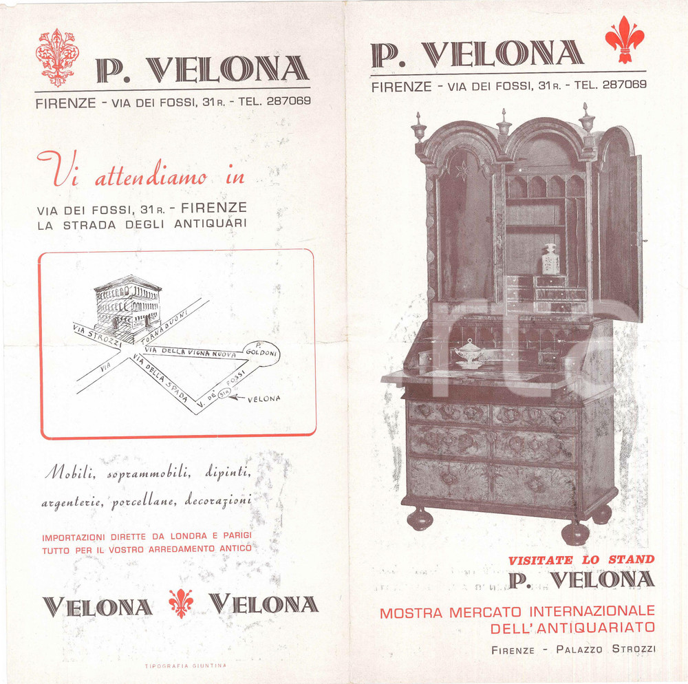 Materiale pubblicitario d’epoca 1940 ca FIRENZE Via dei fossi 31r  Antiquario P. VELONA Pieghevole 14x28 cm 1