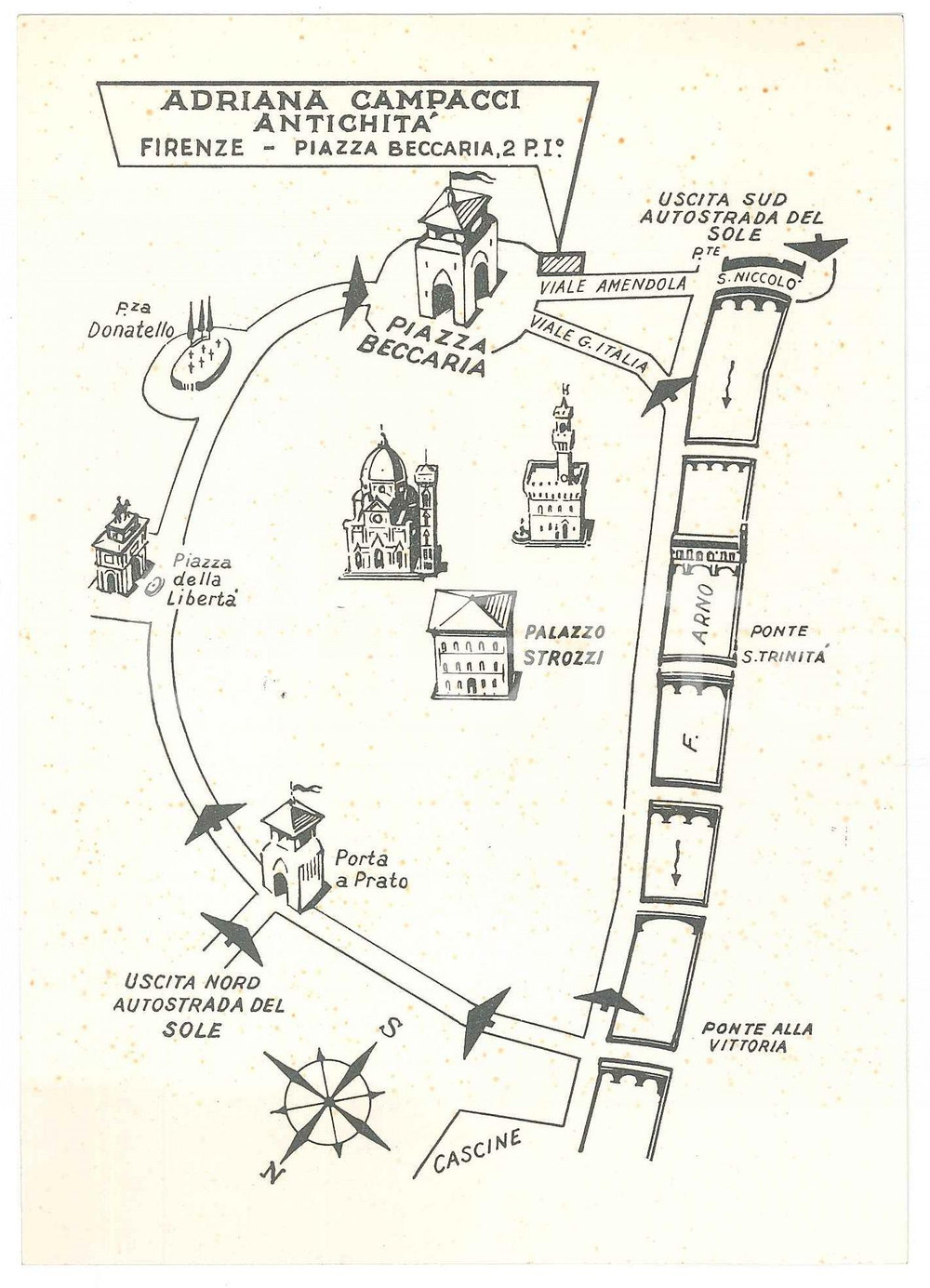 Materiale pubblicitario d’epoca 1950 ca FIRENZE Piazza Beccaria 2  Adriana CAMPACCI AntichitÃ   11x16 cm 1