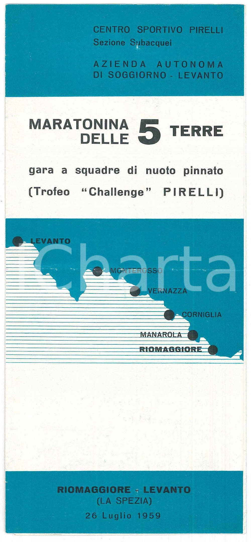 Materiale pubblicitario d’epoca 1959 RIOMAGGIORE  LEVANTO Maratonina delle CINQUE TERRE Nuoto pinnato Brochure 1