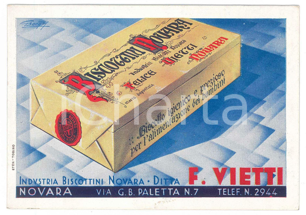 Materiale pubblicitario d’epoca 1930 ca Ditta F. VIETTI  Biscottini NOVARA Biglietto pubblicitario ill. BORGHI 1