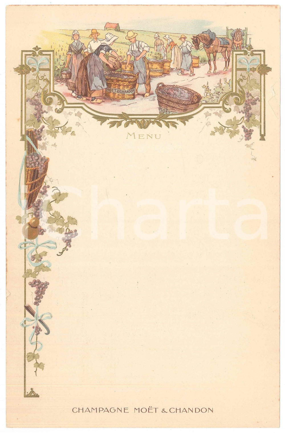Oggetto da collezione cartaceo 1910 ca CHAMPAGNE MOET & CHANDON MenÃ¹ raccolta uva  15x24 cm 1