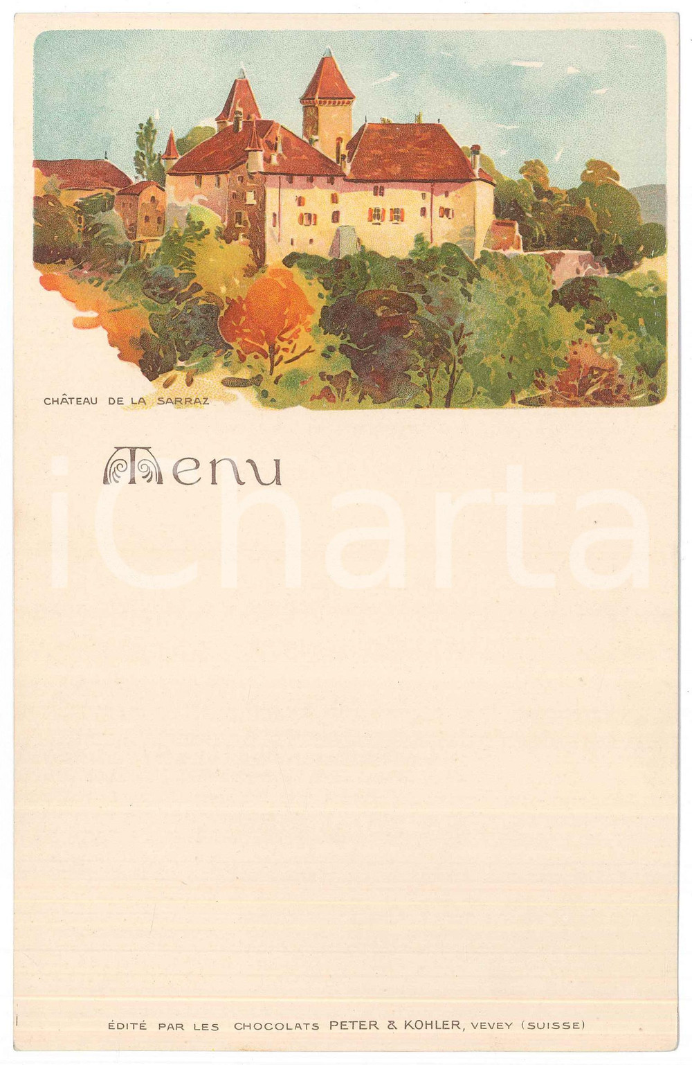 Oggetto da collezione cartaceo 1910 ca SUISSE ChÃ¢teau de la Sarraz  Menu Chocolats PETER & KOHLER 1