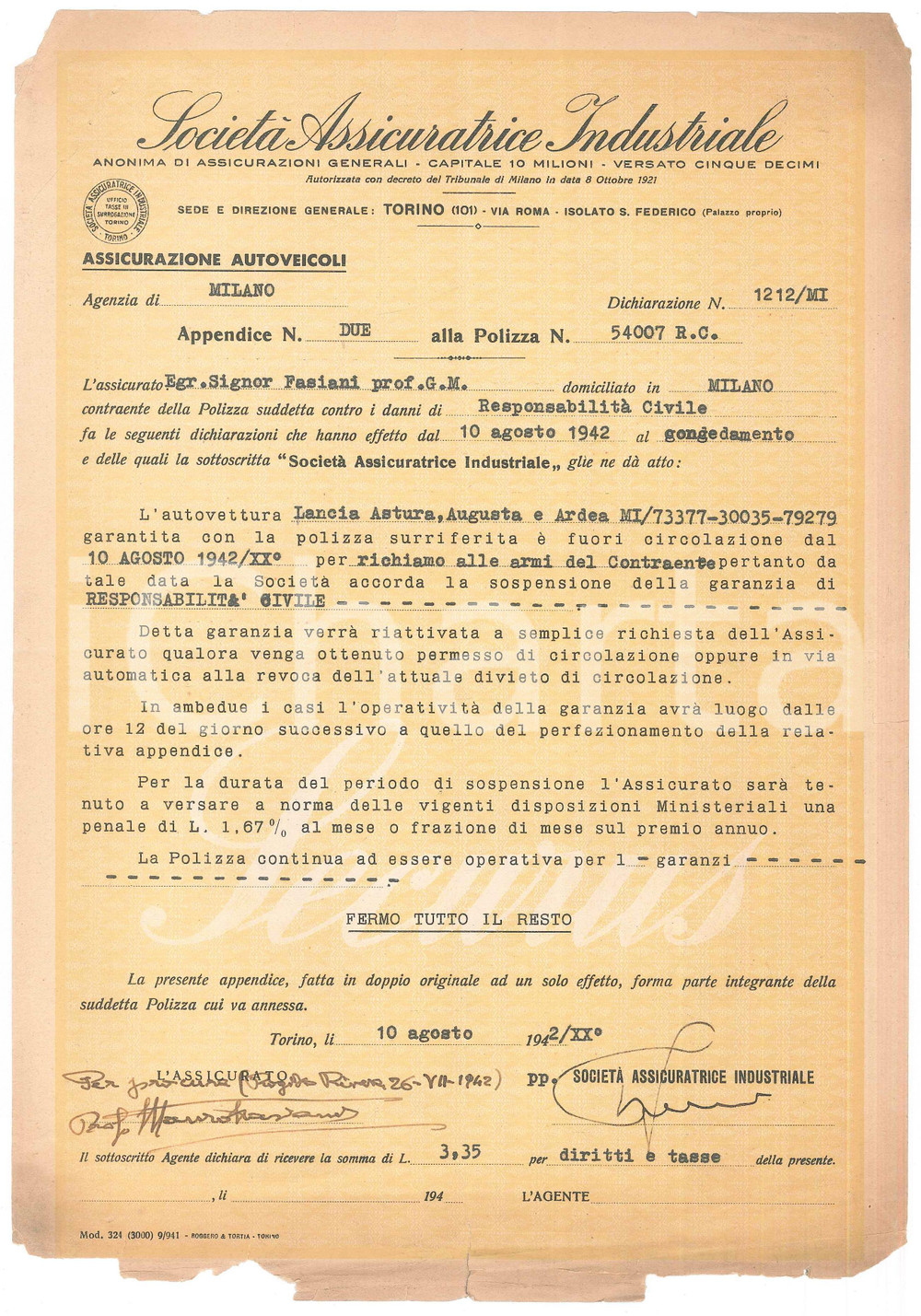 Documento originale, autentico 1942 MILANO SocietÃ  Assicuratrice Industriale  Polizza LANCIA AUGUSTA ARDEA 1
