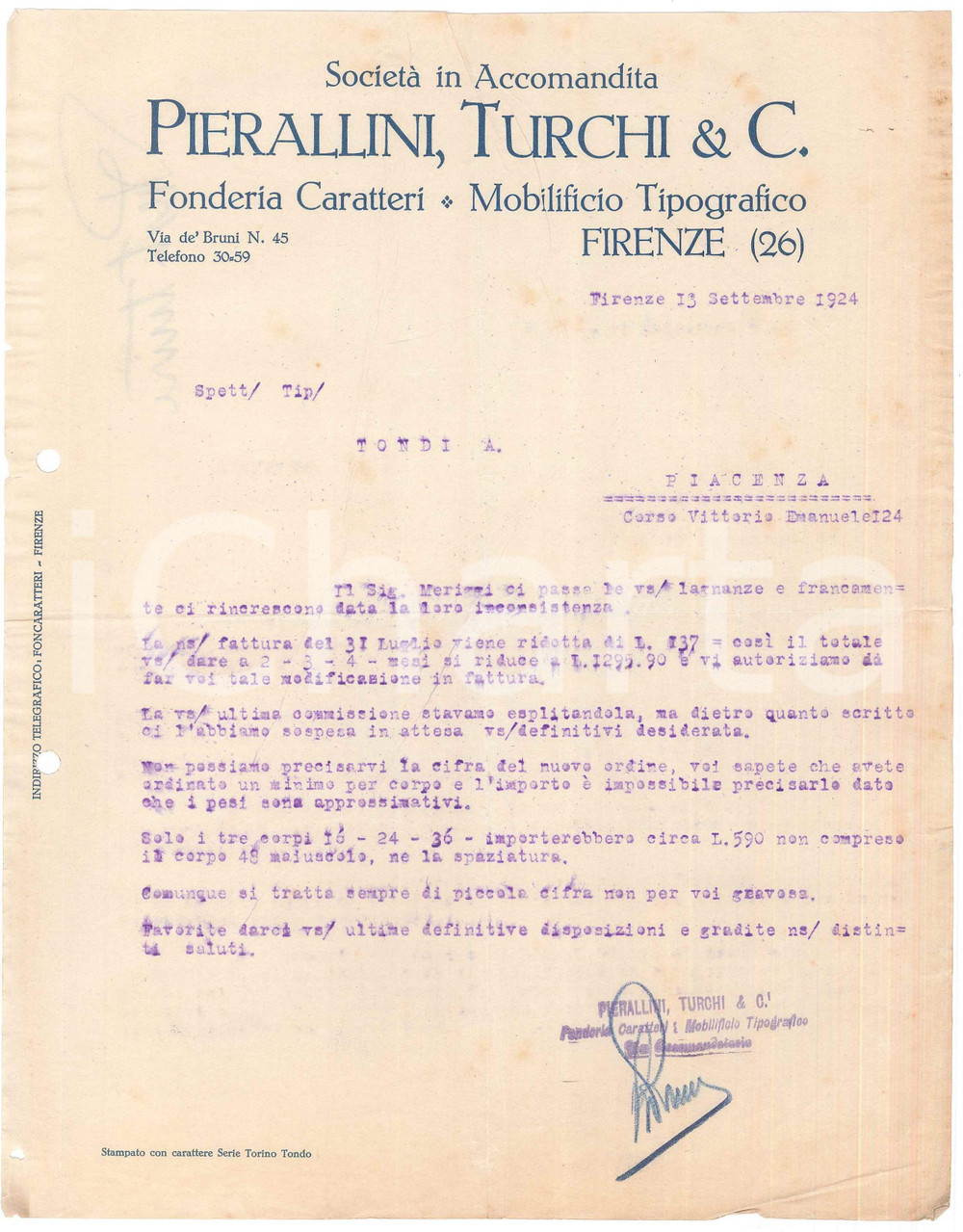 Documento originale, autentico 1924 FIRENZE SocietÃ  PIERALLINI, TURCHI & C. Fonderia caratteri Lettera 1