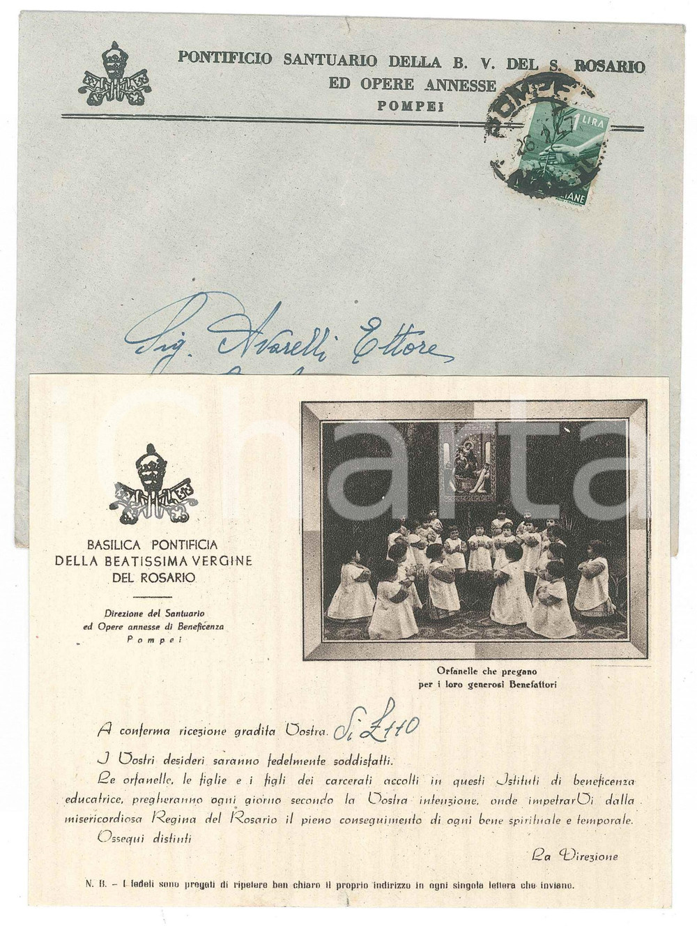 Manoscritto, lettera originale 1947 POMPEI Pontificio Santuario B.V. del Rosario  Lettera per ricevuta offerta 1