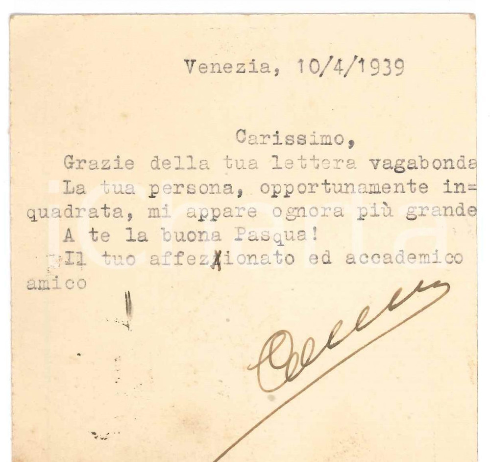Autografo originale 1939 VENEZIA Cartolina Francesco CARNELUTTI  Auguri di Pasqua Autografo 1