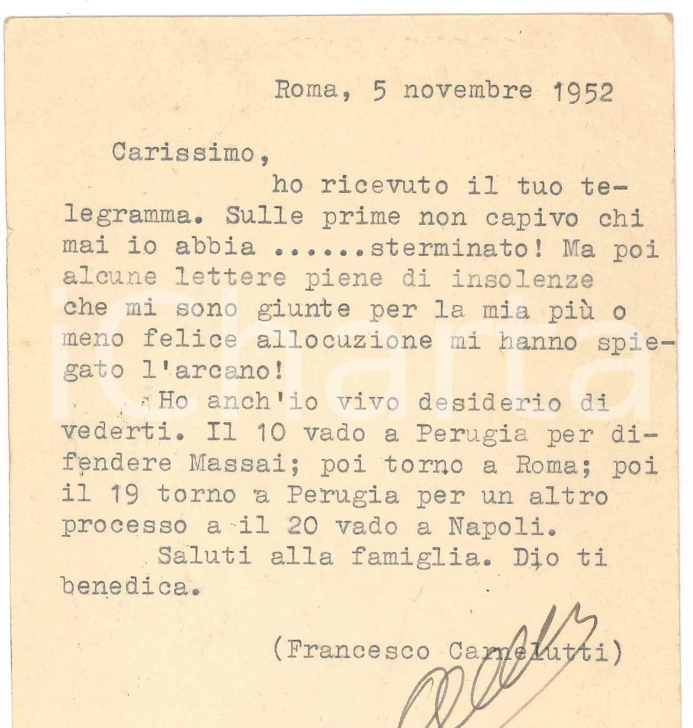 Autografo originale 1952 MILANO Francesco CARNELUTTI riceve lettere di insolenze  AUTOGRAFO 1