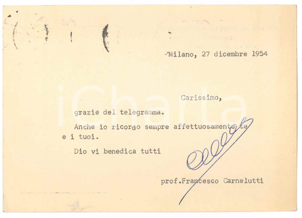 1954 MILANO Cartolina Francesco CARNELUTTI per ringraziamento - AUTOGRAFO