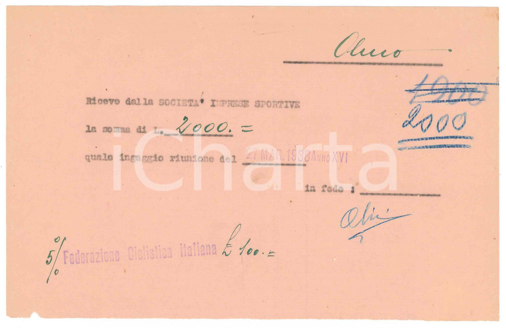 Autografo originale 1938 CICLISMO MILANO Ricevuta Giuseppe OLMO  Ingaggio riunione AUTOGRAFO 1