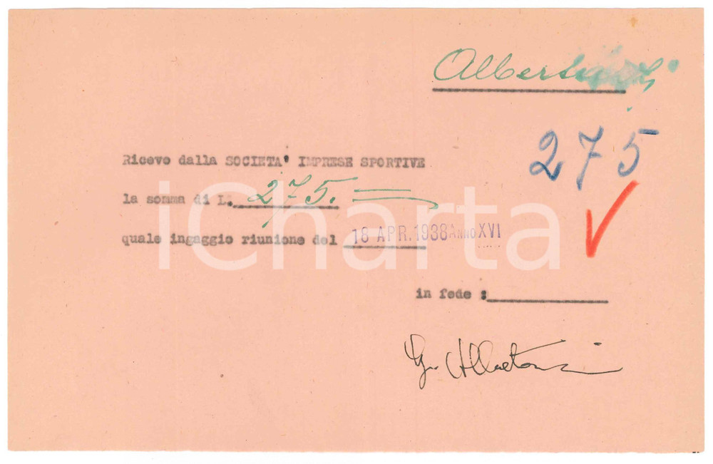 Autografo originale 1938 CICLISMO MILANO Ricevuta ALBERTAZZI per ingaggio riunione AUTOGRAFO 1