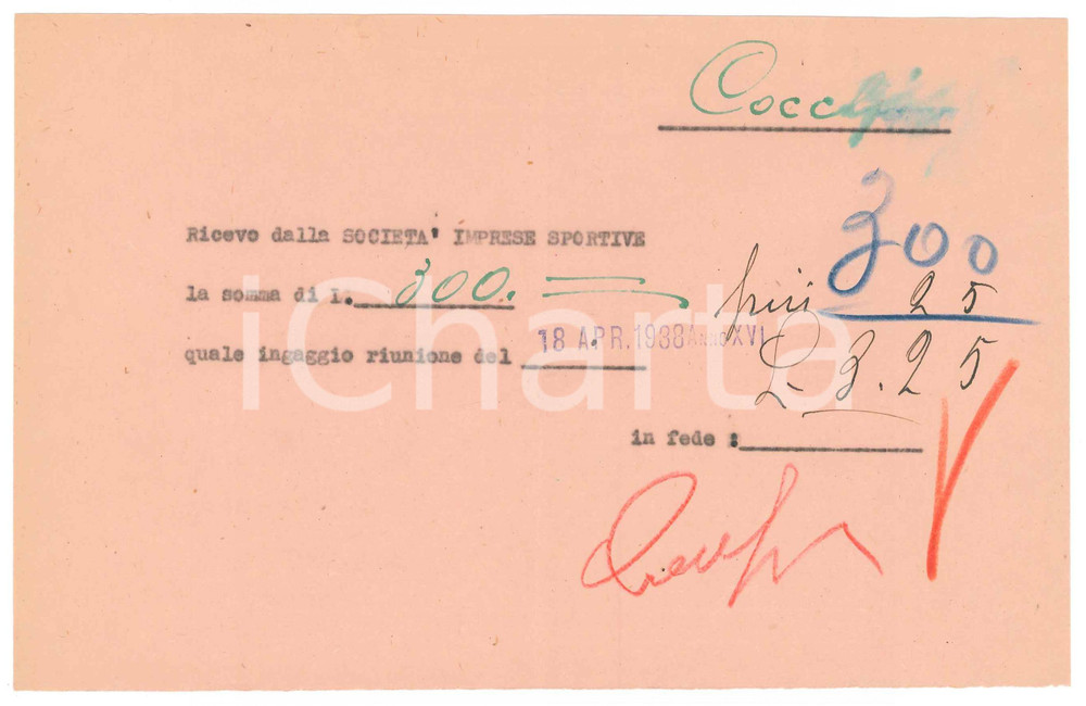 Autografo originale 1938 CICLISMO MILANO Ricevuta Giovanni COCCHI per ingaggio riunione AUTOGRAFO 1