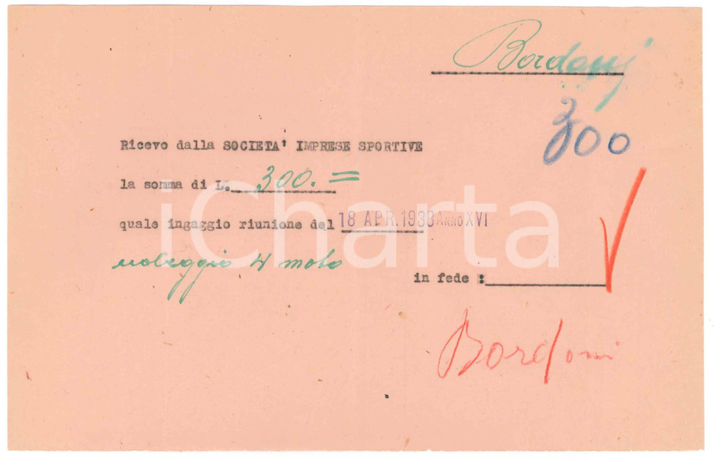 Autografo originale 1938 CICLISMO MILANO Ricevuta Adolfo BORDONI per ingaggio gara AUTOGRAFO 1