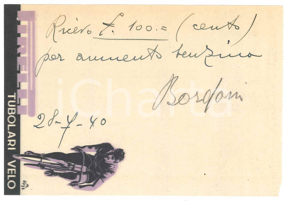 Autografo originale 1940 CICLISMO Autografo Adolfo BORDONI su ricevuta PIRELLI tubolari velo 1