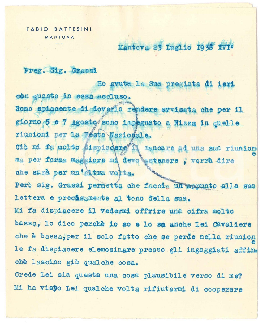 Autografo originale 1938 CICLISMO MANTOVA Lettera Fabio BATTESINI su ingaggio a Nizza  AUTOGRAFO 1