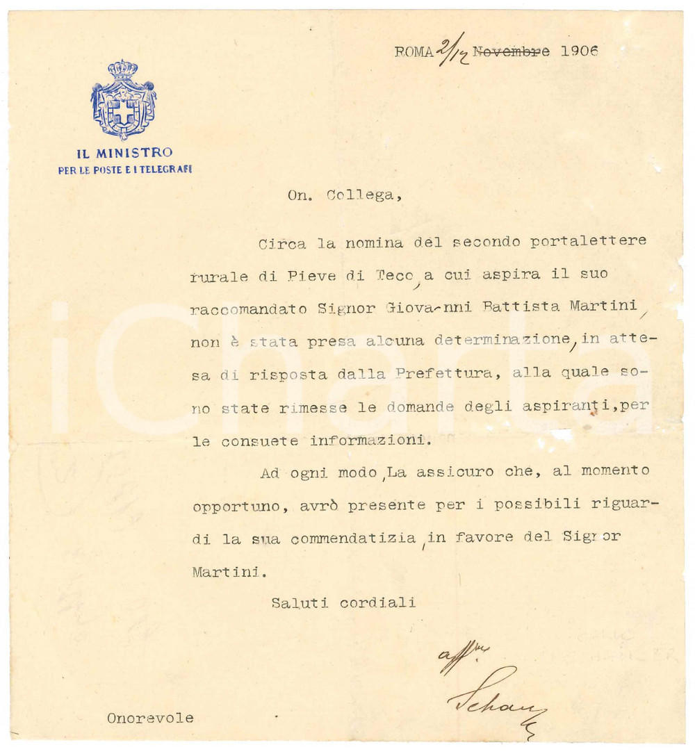 Autografo originale 1906 ROMA Carlo SCHANZER Ministro Poste  Postino a Pieve di Teco AUTOGRAFO 1