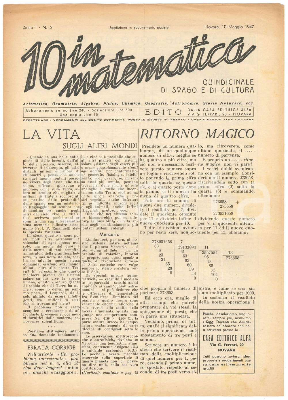 Giornale, rivista storica 1947 NOVARA Rivista 10 IN MATEMATICA Anno I n. 5  Vita sugli altri pianeti 1