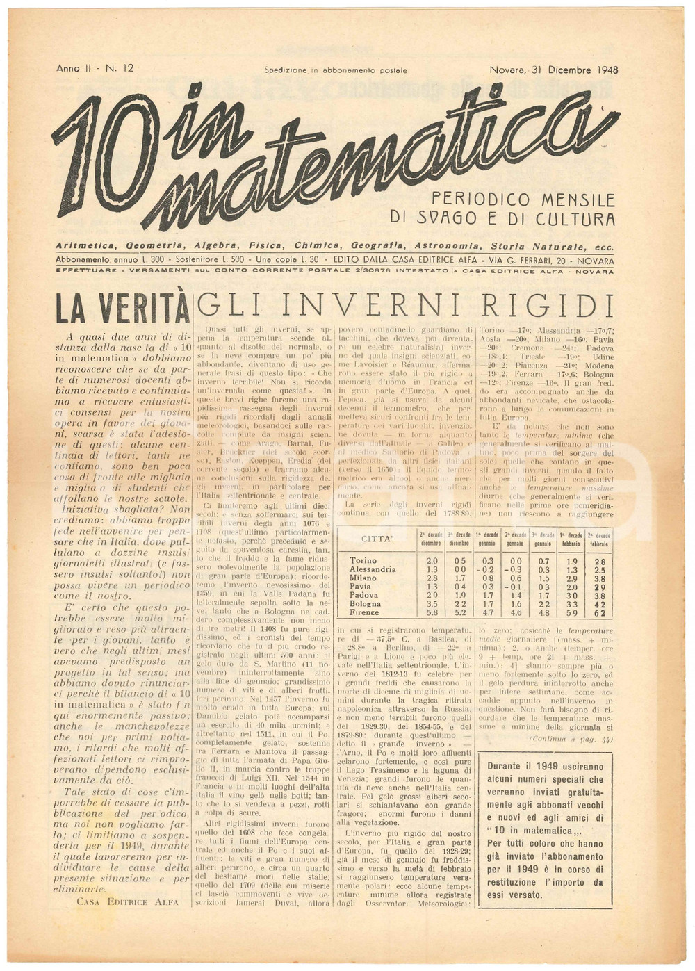 Giornale, rivista storica 1948 NOVARA Rivista 10 IN MATEMATICA Anno II n. 12  Temperatura inverni rigidi 1