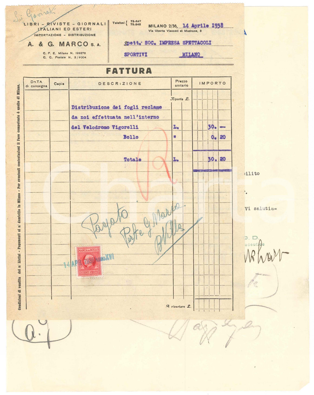 Documento originale, autentico 1938 MILANO Fattura per consegna volantini DEXTROSPORT al Velodromo Vigorelli 1