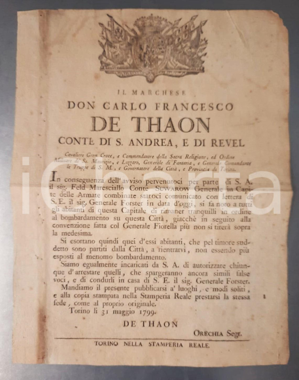 Documento originale, autentico 31 Maggio 1799 TORINO Fine dei bombardamenti napoleonici Avviso RARO 27x35 cm 1