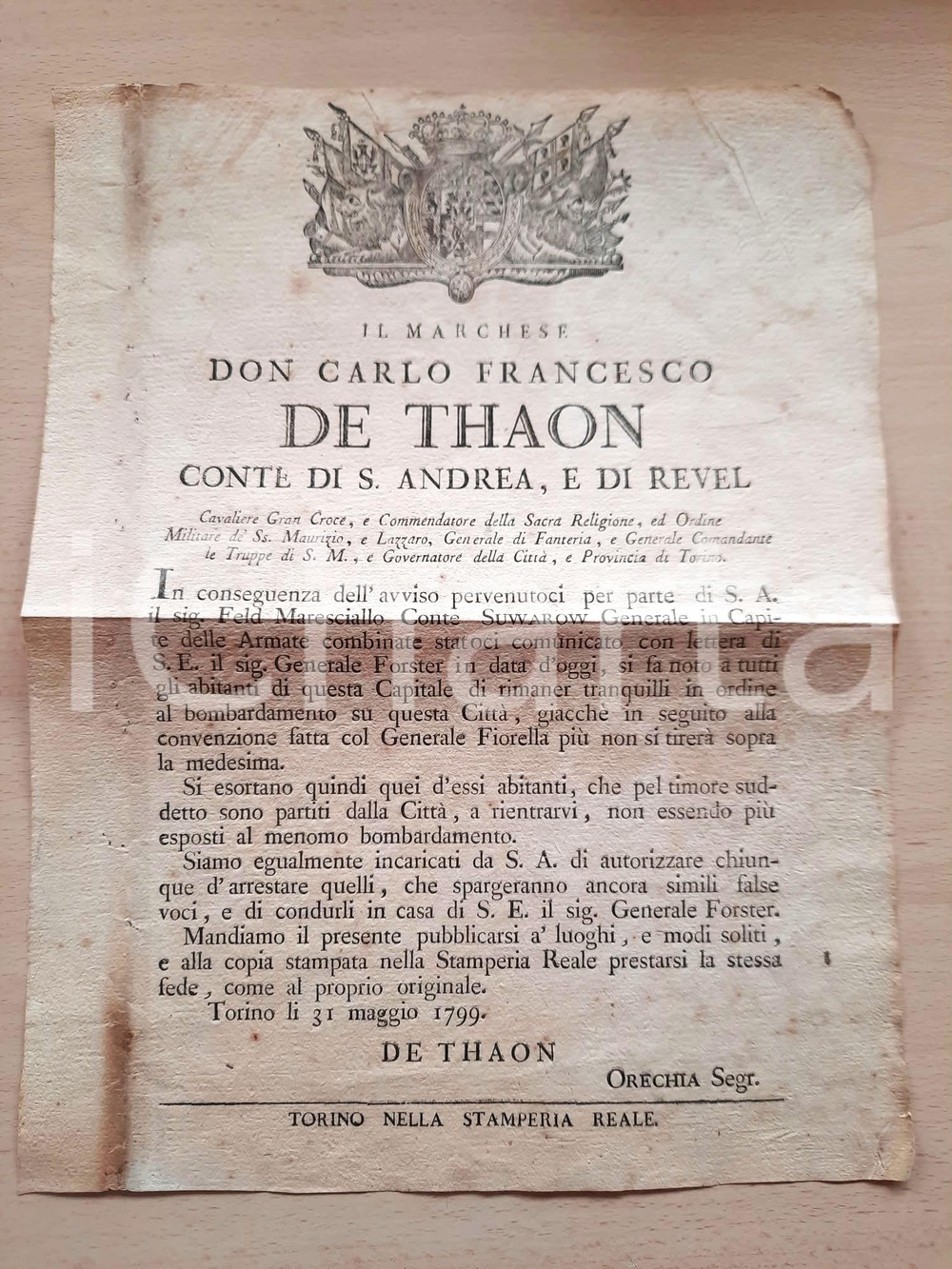 Documento originale, autentico 31 Maggio 1799 TORINO Fine dei bombardamenti napoleonici Avviso RARO 27x35 cm 1